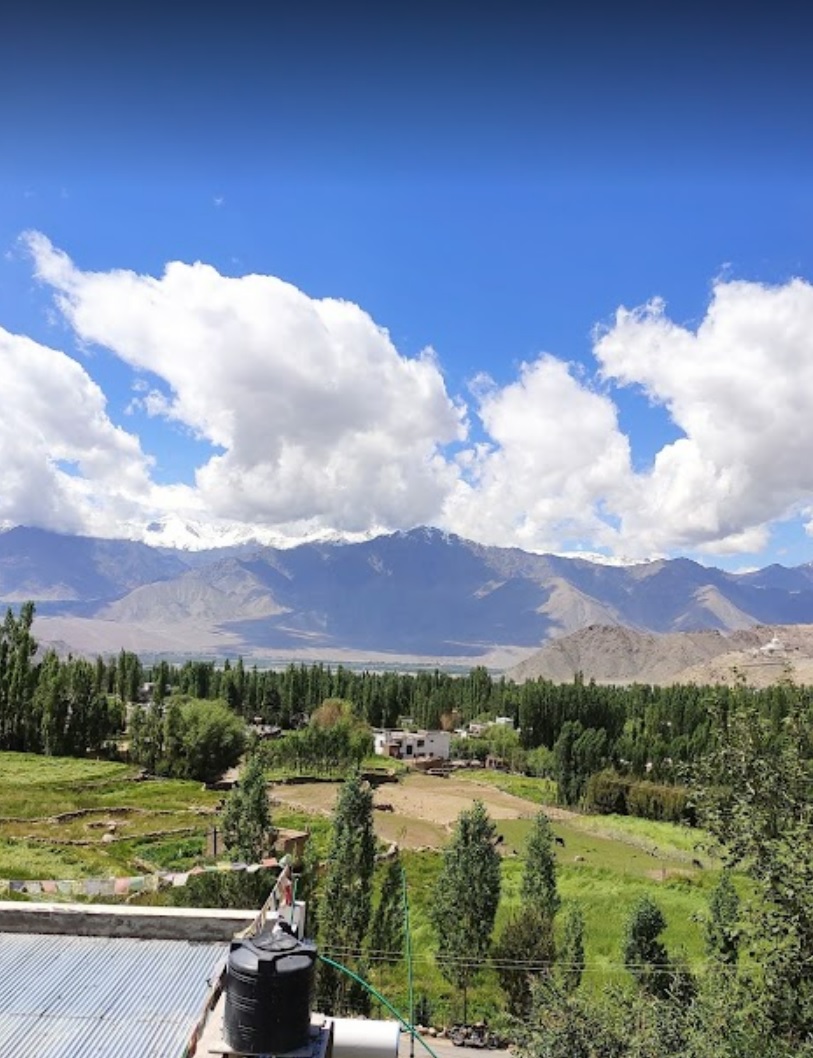 Scenic rooftop view of Stok Kangri and Leh Town from Leh Town Residency